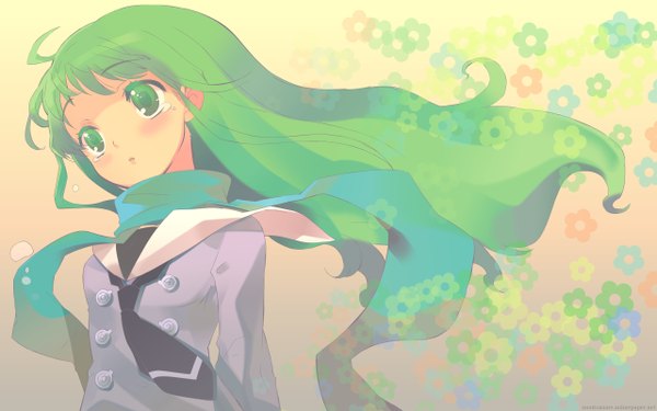 Anime picture 2560x1600 with original itou noiji single long hair blush highres wide image green eyes looking away ahoge upper body green hair wind tears sailor collar girl scarf flower (symbol)