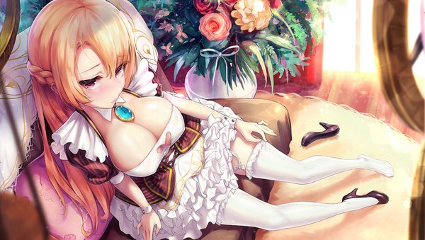 Anime picture 1780x1006 with forever 7th capital dk.senie single long hair blush highres breasts light erotic blonde hair wide image large breasts cleavage full body pink eyes sunlight shoes removed single shoe girl thighhighs flower (flowers)