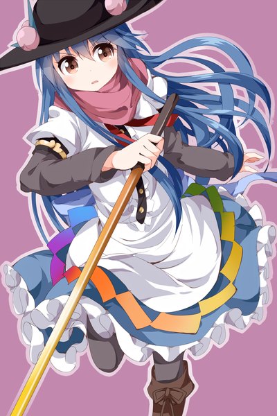 Anime picture 800x1200 with touhou hinanawi tenshi ruu (tksymkw) single long hair tall image blush open mouth simple background brown eyes blue hair looking away from above pink background walking girl dress weapon hat pantyhose