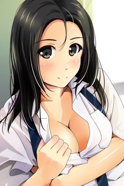 Anime picture 800x1200 with original matsunaga kouyou single long hair tall image looking at viewer fringe breasts light erotic black hair smile hair between eyes cleavage upper body black eyes partially open clothes girl shirt white shirt
