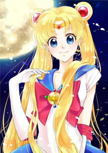 Anime picture 1120x1584 with bishoujo senshi sailor moon toei animation tsukino usagi sailor moon tagme (artist) single tall image looking at viewer blush blue eyes blonde hair smile twintails very long hair girl hair ornament petals moon sailor suit
