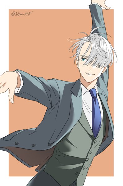 Anime picture 792x1200 with yuri!!! on ice mappa viktor nikiforov natsuko (bluecandy) single tall image fringe short hair blue eyes simple background smile looking away silver hair hair over one eye spread arms orange background dancing formal boy necktie