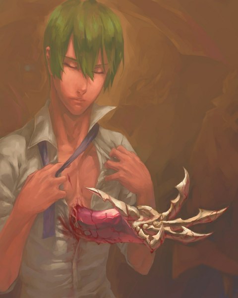 Anime picture 800x1000 with blazblue hazama chongcao single tall image short hair simple background eyes closed green hair partially open clothes brown background boy necktie blood