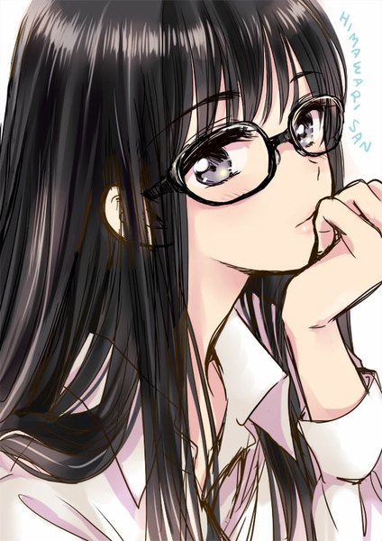 Anime picture 566x800 with himawari-san himawari-san (character) sugano manami single long hair tall image looking at viewer blush fringe black hair grey eyes copyright name close-up open collar chin rest girl shirt glasses white shirt