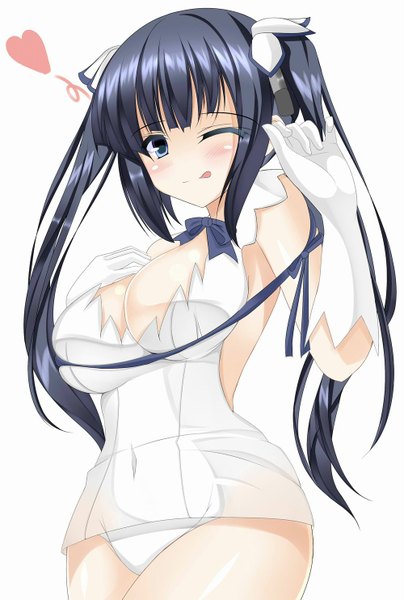 Anime picture 1000x1483 with dungeon ni deai wo motomeru no wa machigatteiru darou ka j.c. staff hestia (danmachi) lieselotte (artist) single long hair tall image blush breasts blue eyes light erotic black hair simple background large breasts white background twintails one eye closed wink rei no himo girl