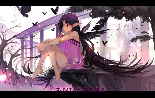 Anime picture 2000x1270 with original pixiv fantasia pixiv fantasia fallen kings joseph lee looking at viewer highres black hair red eyes sitting purple hair ahoge very long hair multicolored hair barefoot light smile pointy ears inscription two-tone hair legs black wings