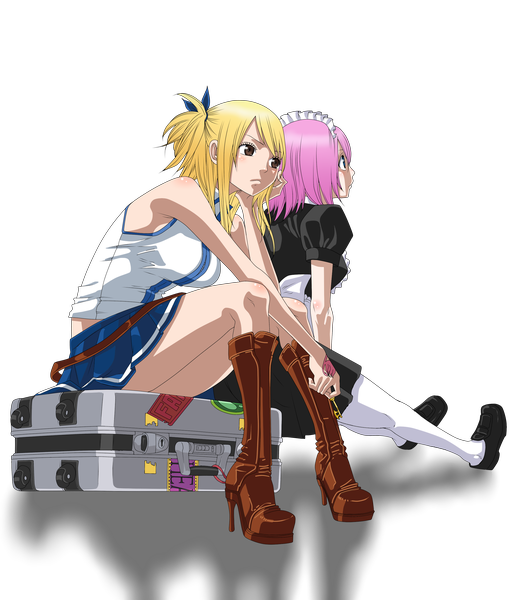 Anime picture 2433x2834 with fairy tail lucy heartfilia virgo (fairy tail) silent-shanin long hair tall image blush highres short hair blue eyes blonde hair brown eyes purple hair arm support maid tattoo coloring transparent background girl miniskirt