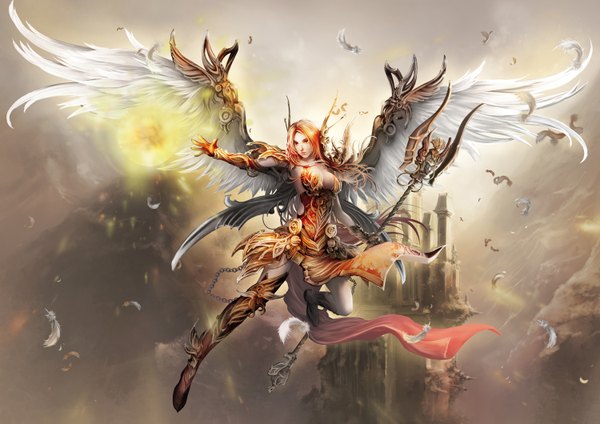 Anime picture 1500x1060 with original antilous (anti) single long hair light erotic red eyes red hair flying angel wings angel girl gloves ribbon (ribbons) wings elbow gloves armor chain feather (feathers) staff castle