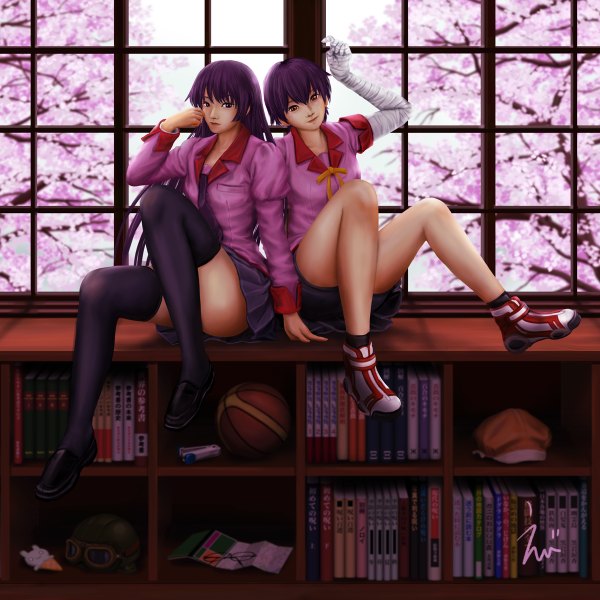 Anime picture 1200x1200 with bakemonogatari shaft (studio) monogatari (series) senjougahara hitagi kanbaru suruga ebi (eeotoko) long hair short hair red eyes sitting multiple girls purple hair realistic cherry blossoms girl thighhighs black thighhighs 2 girls hat serafuku