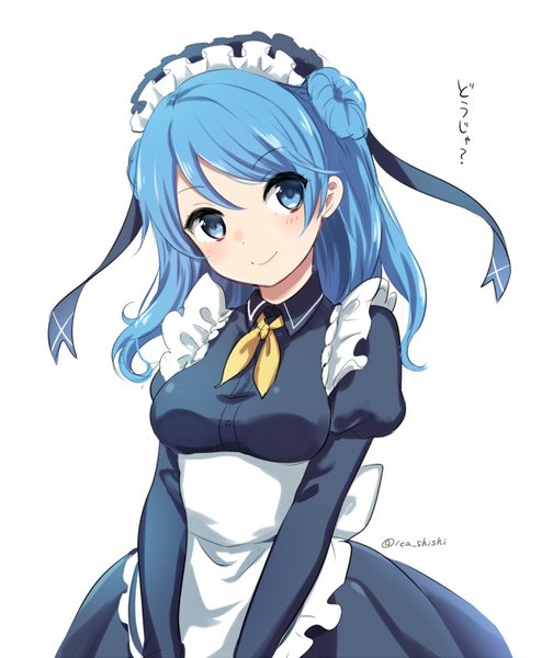 Anime picture 700x834 with kantai collection urakaze destroyer ica single long hair tall image blush blue eyes simple background smile hair between eyes white background signed blue hair looking away maid hair bun (hair buns) alternate costume text question