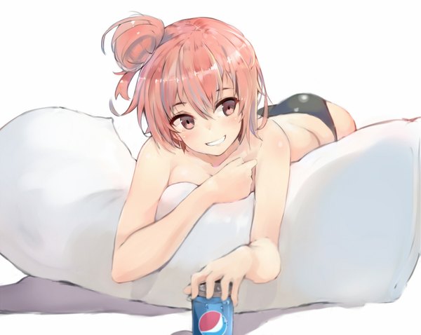 Anime picture 1772x1413 with yahari ore no seishun love comedy wa machigatteiru. brains base (studio) pepsi yuigahama yui ganida boushoku single blush fringe highres short hair light erotic simple background smile red eyes white background bare shoulders looking away pink hair ass no bra