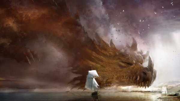 Anime picture 1920x1080 with daniel dociu highres wide image eyes closed fog animal sea bird (birds) dragon monster claws watercraft ship