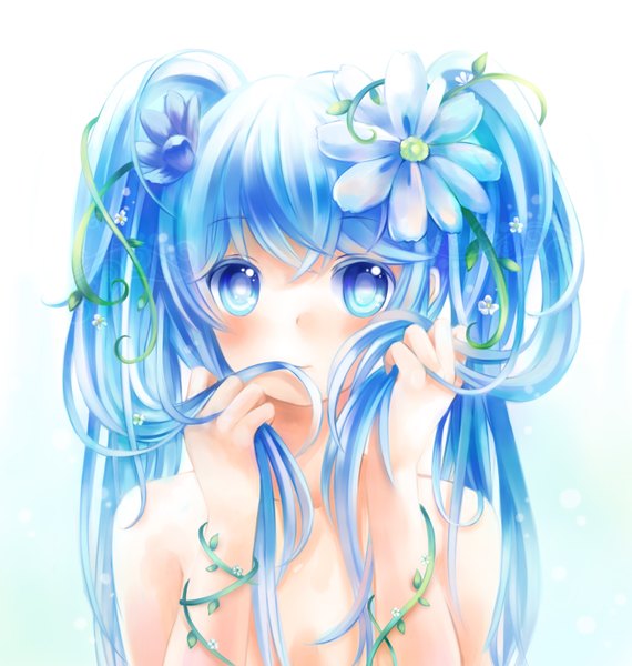 Anime picture 1423x1498 with vocaloid hatsune miku temari (qqq 999) single long hair tall image looking at viewer blush blue eyes simple background twintails blue hair hair flower girl hair ornament plant (plants)