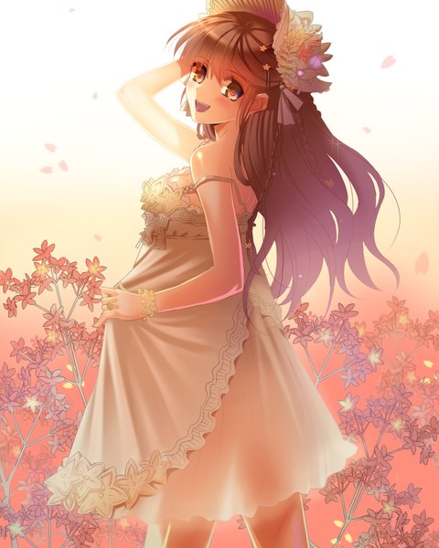 Anime picture 1536x1920 with original ktsis single long hair tall image blush open mouth brown hair brown eyes looking back girl dress flower (flowers) petals bonnet sundress