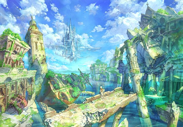 Anime picture 1000x695 with original kaitan single sitting sky cloud (clouds) outdoors long sleeves from behind sunlight back city reflection ruins architecture destruction floating island weapon plant (plants) water