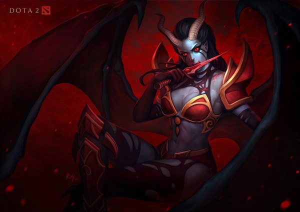Anime picture 1800x1273 with dota 2 (game) akasha banshee (dota 2) r-chie (artist) single long hair looking at viewer highres breasts light erotic black hair red eyes horn (horns) bare belly demon girl girl navel weapon wings tongue dagger