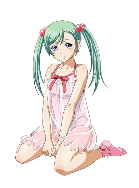 Anime picture 800x1078 with ikkitousen shokatsuryou koumei single long hair tall image looking at viewer blue eyes smile twintails green hair loli girl socks sundress hair tie hair bobbles pink socks