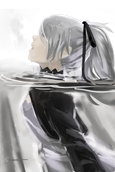 Anime picture 1200x1786 with darker than black studio bones yin (darker than black) eachy-peachy long hair tall image open mouth ponytail profile grey hair hair over eyes girl ribbon (ribbons) hair ribbon water water drop