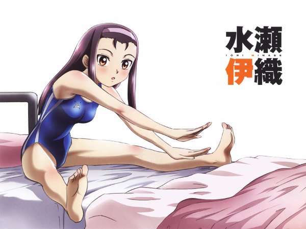 Anime picture 1280x960 with idolmaster idolmaster xenoglossia minase iori long hair blush light erotic brown eyes purple hair barefoot soles stretch swimsuit bed competition swimsuit