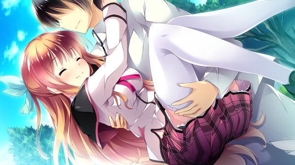 Anime picture 1920x1080 with ojousama wa gokigen naname naname nanami long hair blush highres short hair black hair brown hair wide image game cg eyes closed couple carrying princess carry girl thighhighs boy skirt uniform bow