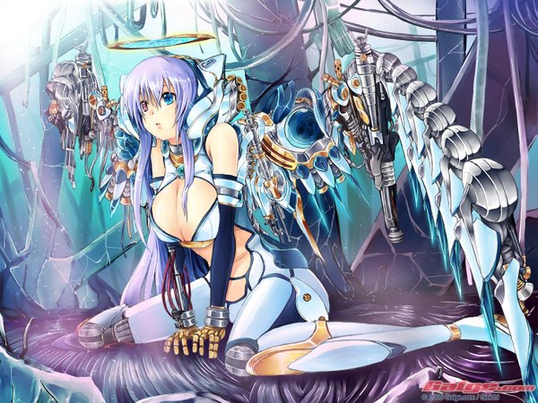 Anime picture 1365x1024 with galge.com gin'ichi (akacia) single long hair breasts light erotic sitting bare shoulders cleavage purple hair heterochromia huge breasts angel mecha musume mechanical wings robot joints girl detached sleeves wings halo