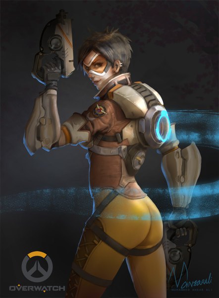 Anime picture 884x1200 with overwatch blizzard entertainment tracer (overwatch) mansarali (artist) single tall image looking at viewer short hair brown hair holding signed ass looking back from behind realistic inscription copyright name piercing glowing ear piercing