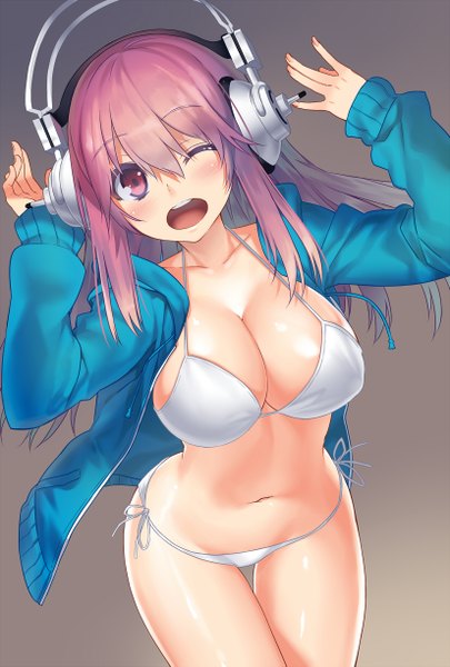 Anime picture 826x1223 with nitroplus super sonico hullabaloo single long hair tall image looking at viewer blush breasts open mouth light erotic large breasts pink hair one eye closed pink eyes wink open clothes open jacket girl navel