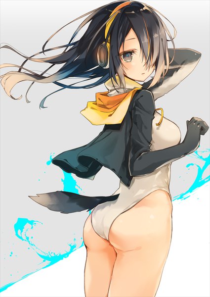 Anime picture 637x900 with kemono friends emperor penguin (kemono friends) oshio (dayo) single long hair tall image blush fringe breasts light erotic black hair simple background standing white background looking away ass tail parted lips animal tail looking back