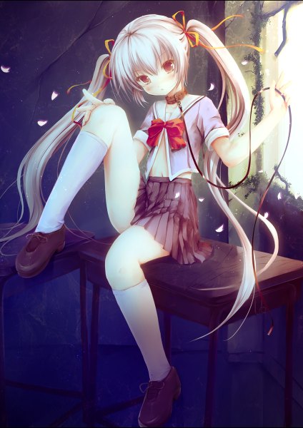 Anime picture 848x1200 with original aruciii long hair tall image looking at viewer blush red eyes twintails white hair girl skirt uniform ribbon (ribbons) hair ribbon school uniform socks white socks collar desk lead