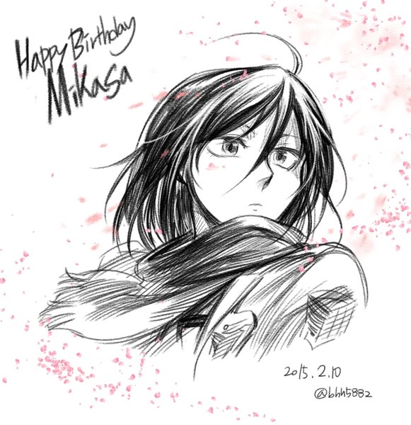 Anime picture 800x826 with shingeki no kyojin production i.g mikasa ackerman 302 (artist) single tall image short hair hair between eyes signed looking away ahoge inscription text dated monochrome portrait happy birthday girl uniform petals