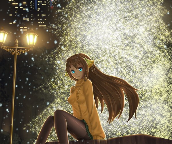 Anime picture 1441x1212 with surge concerto: ciel nosurge ionasal kkll preciel yayoi1986 single long hair fringe smile brown hair sitting bent knee (knees) pleated skirt wind alternate costume city city lights girl skirt miniskirt pantyhose building (buildings)