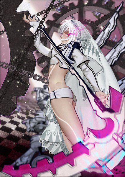 Anime picture 849x1200 with fate (series) fate/grand order black rock shooter altera (fate) recentia single tall image fringe short hair light erotic standing white background holding ass profile pink eyes sparkle cosplay glowing weapon white rock shooter (cosplay)