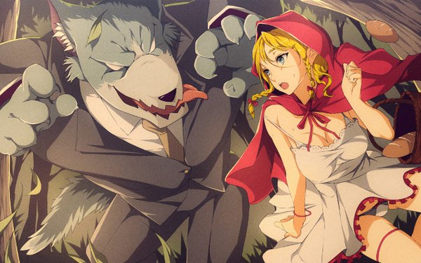 Anime picture 1280x800 with little red riding hood little red riding hood (character) big bad wolf viola (seed) long hair fringe open mouth blue eyes light erotic blonde hair cleavage braid (braids) sleeveless twin braids eyebrows dress underwear panties bow plant (plants)