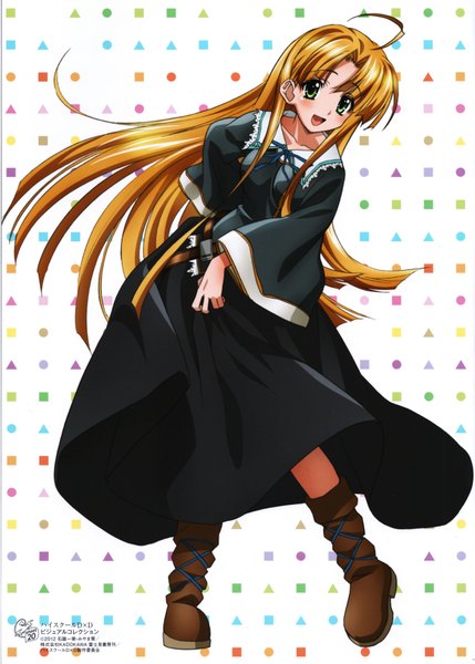 Anime picture 4934x6904 with highschool dxd asia argento miyama zero mishima hiroji single long hair tall image looking at viewer blush highres open mouth blonde hair green eyes absurdres scan official art girl dress boots