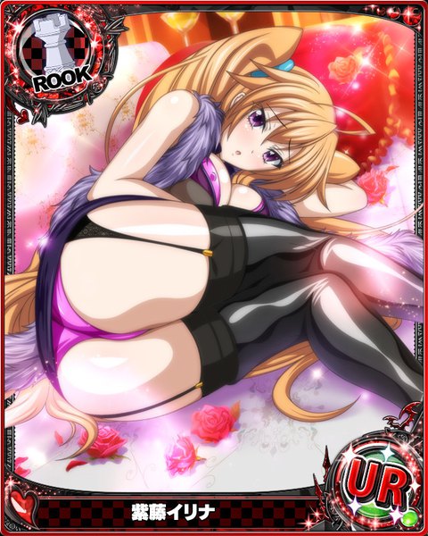 Anime picture 640x800 with highschool dxd shidou irina single tall image looking at viewer blush breasts open mouth light erotic brown hair twintails purple eyes ass very long hair card (medium) girl thighhighs underwear panties flower (flowers)