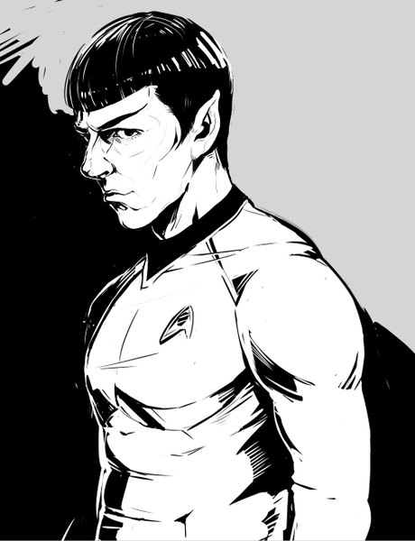Anime picture 1000x1304 with star trek spock leonard nimoy chuuseishi-kun single tall image looking at viewer fringe short hair pointy ears realistic monochrome portrait boy uniform