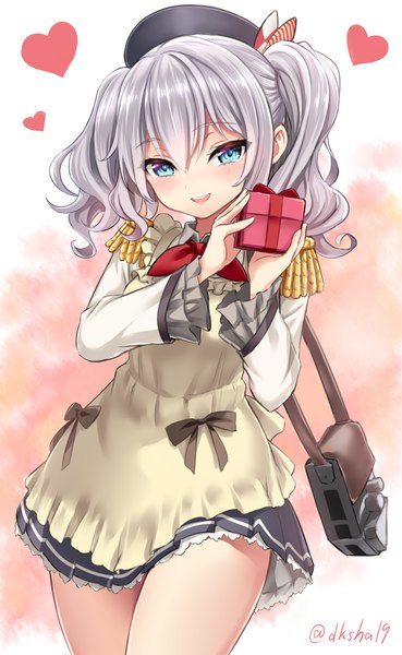 Anime picture 700x1138 with kantai collection kashima training cruiser kase daiki single long hair tall image looking at viewer blush open mouth blue eyes smile twintails silver hair valentine girl dress heart bag gift epaulettes