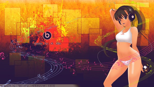 Anime picture 1920x1080 with original ipod morisawa haruyuki single long hair highres open mouth light erotic black hair wide image brown eyes ponytail arms behind head girl navel underwear panties headphones wire (wires) musical note