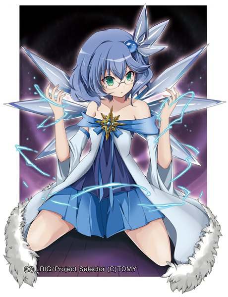 Anime picture 768x1000 with selector infected wixoss j.c. staff piruluk (selector infected wixoss) syno single tall image looking at viewer short hair blue eyes bare shoulders blue hair girl dress hair ornament wings glasses