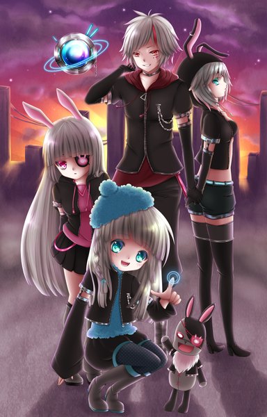 Anime picture 1300x2028 with original shitou long hair tall image short hair open mouth blue eyes smile red eyes multiple girls silver hair pink eyes loli bunny ears girl thighhighs boy skirt black thighhighs detached sleeves