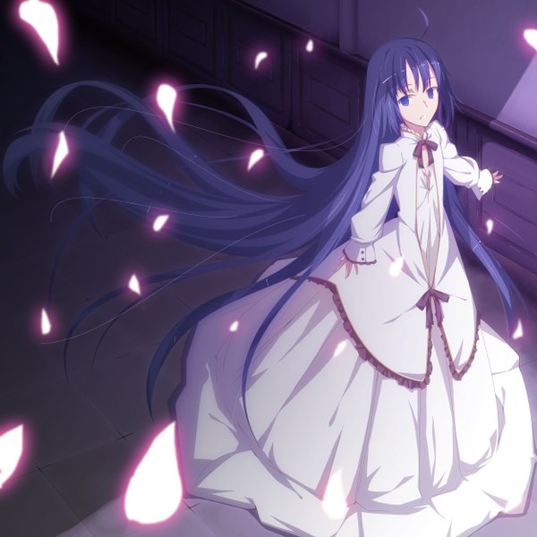 Anime picture 2500x2500 with original yoshida takuma single long hair highres blue eyes blue hair girl dress petals