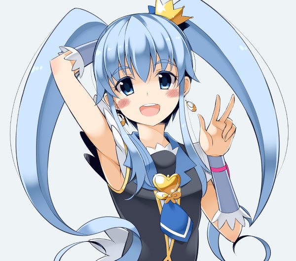 Anime picture 1280x1129 with precure happinesscharge precure! toei animation shirayuki hime cure princess oota yuuichi single long hair looking at viewer blush fringe open mouth blue eyes simple background twintails blue hair grey background armpit (armpits) victory arm behind head