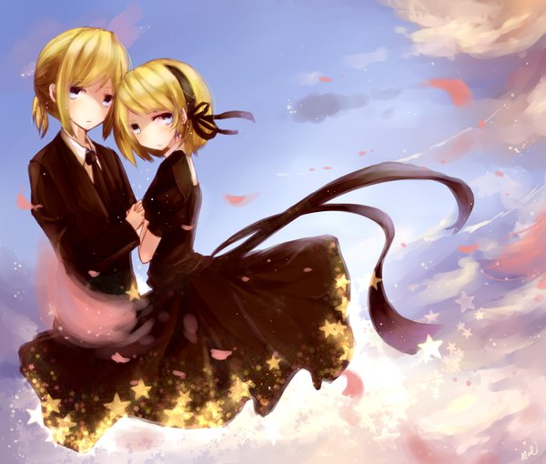 Anime picture 2000x1700 with vocaloid story of evil (vocaloid) kagamine rin kagamine len ali manami highres short hair blue eyes blonde hair cloud (clouds) couple girl dress boy hairband black dress star (symbol)