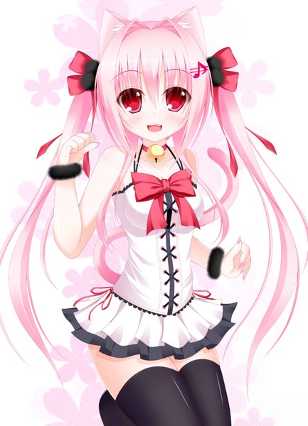 Anime picture 1141x1582 with original yunagi amane single tall image looking at viewer blush open mouth red eyes twintails animal ears pink hair very long hair cat ears cat girl cat tail girl thighhighs dress bow black thighhighs