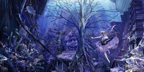 Anime picture 1654x827 with original zhao shuwen single long hair blonde hair wide image barefoot underwater jpeg artifacts girl dress plant (plants) tree (trees) fish (fishes) house