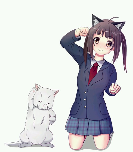 Anime picture 700x800 with original nao (618020) single tall image looking at viewer blush fringe simple background brown hair standing white background twintails brown eyes animal ears ahoge bent knee (knees) long sleeves head tilt pleated skirt light smile