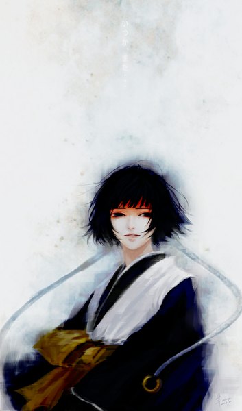 Anime picture 589x1000 with bleach studio pierrot soifon sun dou single tall image fringe short hair black hair simple background looking away braid (braids) traditional clothes japanese clothes wind black eyes grey background twin braids girl