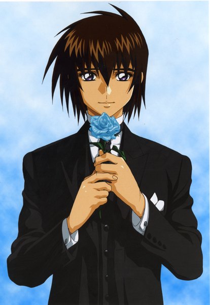 Anime picture 1655x2397 with mobile suit gundam gundam seed destiny sunrise (studio) kira yamato single tall image short hair brown hair grey eyes blue background boy suit blue rose