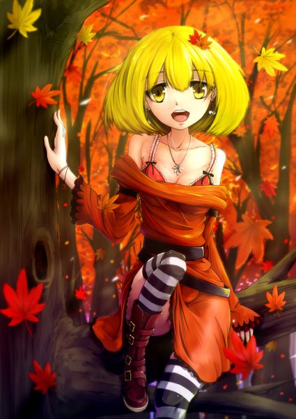 Anime picture 1074x1517 with touhou aki shizuha susukii ryuusan single tall image short hair open mouth light erotic blonde hair yellow eyes girl thighhighs dress plant (plants) earrings tree (trees) boots pendant leaf (leaves) striped thighhighs