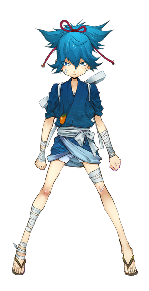 Anime picture 1000x1945 with touken ranbu nitroplus sayo samonji suzuki jirou single tall image looking at viewer short hair blue eyes blue hair full body ponytail traditional clothes japanese clothes official art alternate costume transparent background bandaid on face boy shorts